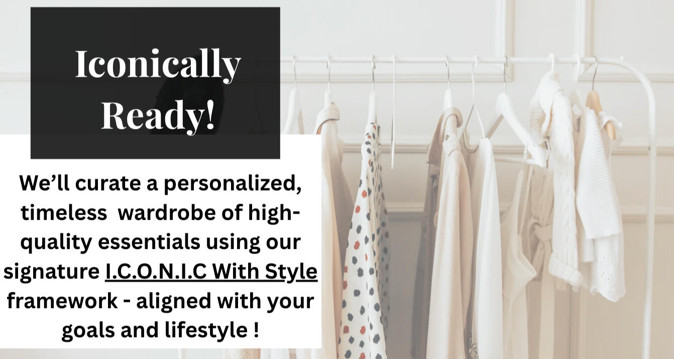 iconically-ready-offer-header-wardrobe.jpg Iconically Ready offer header featuring a neutral wardrobe on a white clothing rack. Neutral wardrobe background with soft-toned clothing on hangers.