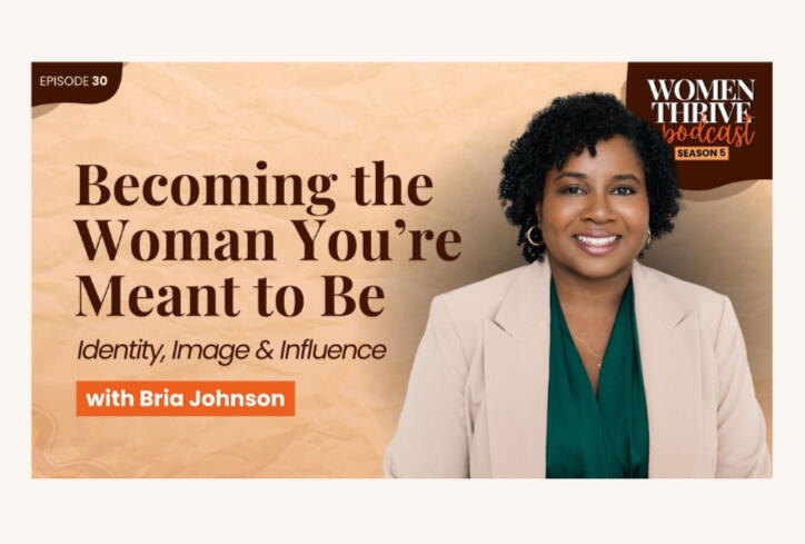 I'm Too Busy TV Podcast Feature Bria Johnson smiling, wearing a beige blazer and green blouse, photographed against a tan background with the text “Authentic Style for New Beginnings.”